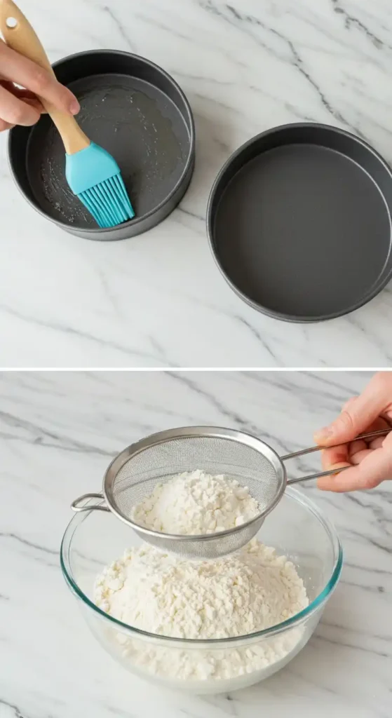 Préparation de moules à gâteau et tamisage de farine pour un gâteau à l'orange.