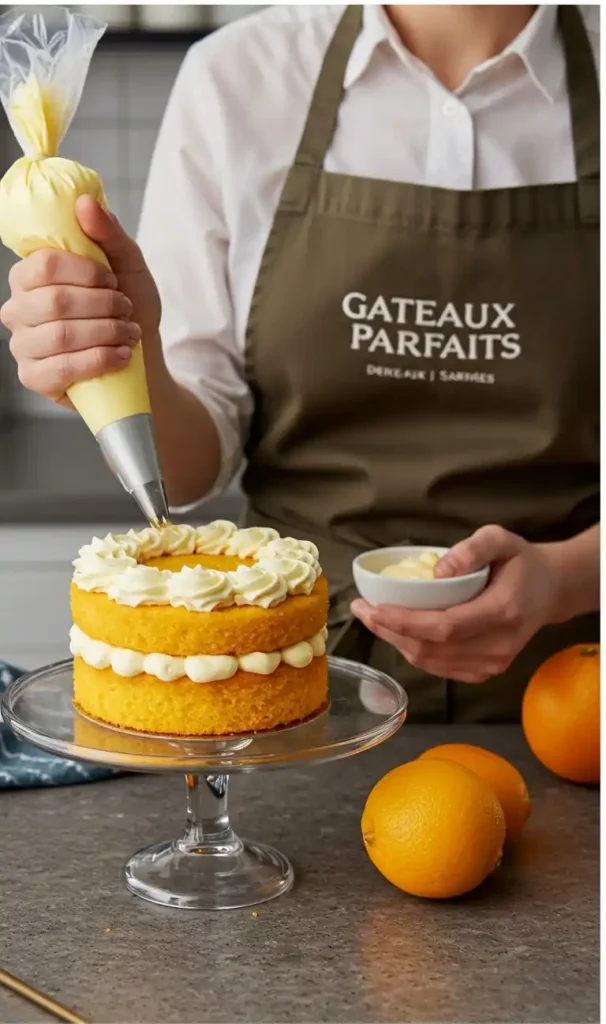 Un délicieux gâteau à l'orange à deux étages est en cours de décoration avec une poche à douille remplie de crème. Le glaçage est parfait pour un gâteau festif.