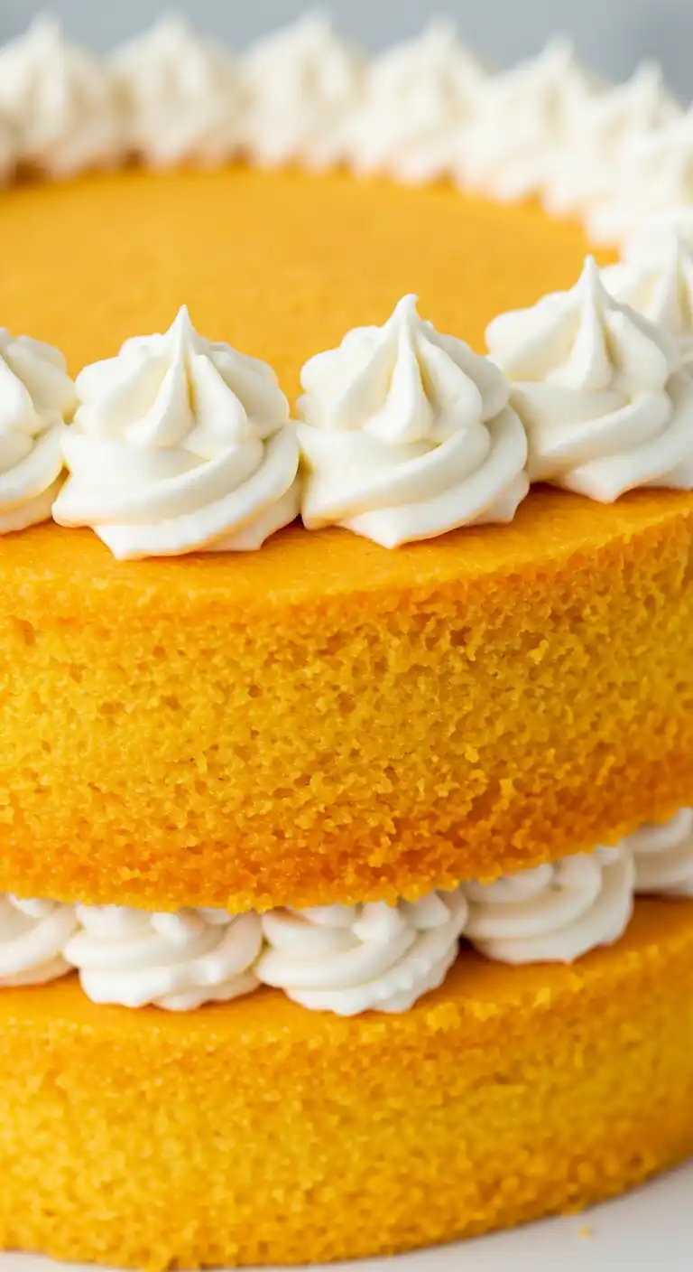 Un gros plan révèle les détails délicats de ce gâteau à l'orange : sa texture moelleuse et les volutes parfaites de crème blanche, un vrai régal pour les yeux et les papilles.