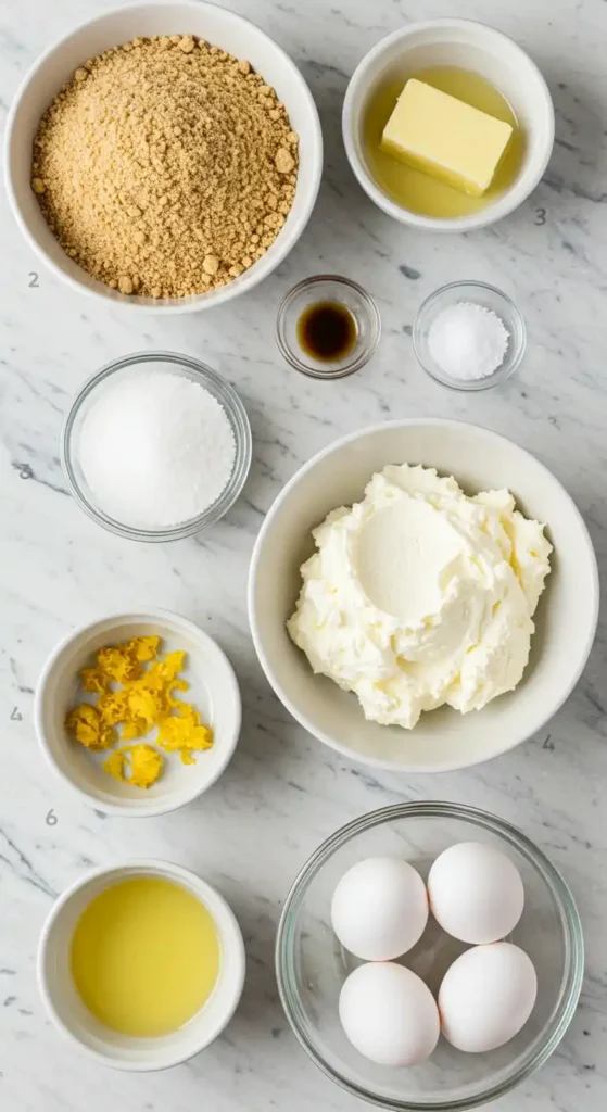 Image de dessus des ingrédients disposés pour préparer un gâteau au fromage. On voit dans des bols différents : des miettes de biscuits graham, du beurre fondu, de l'extrait de vanille, du sel, du sucre, du fromage à la crème, du zeste de citron, du jus de citron et quatre œufs.