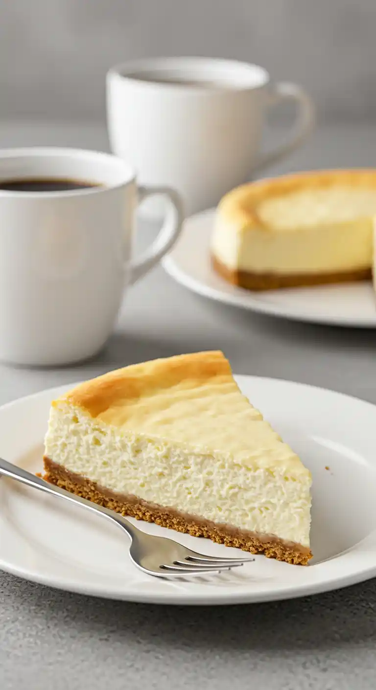 Une part de gâteau au fromage et deux tasses de café sur une table.