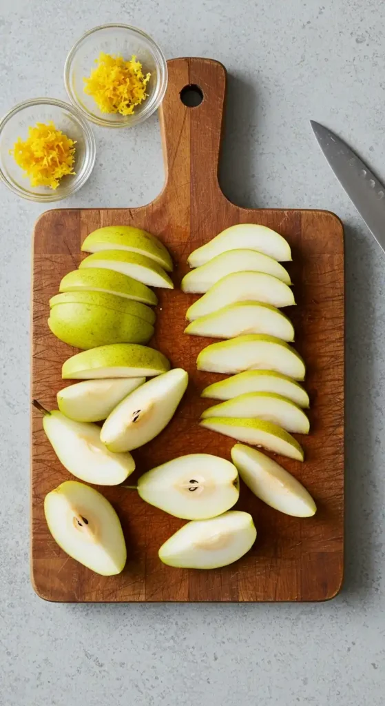 Image en vue plongeante montrant une planche à découper en bois avec des poires coupées en tranches et en quartiers, ainsi que deux petits bols en verre contenant des zestes de citron. Préparation des ingrédients pour un gâteau au yaourt poire.