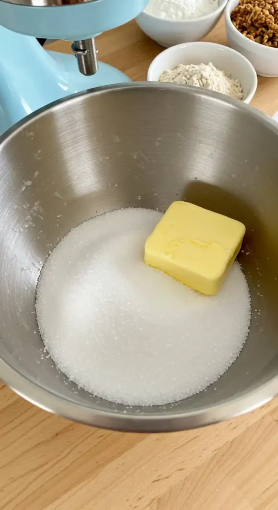 Dans un bol en métal, du sucre granulé est associé à un morceau de beurre, préparation pour un ​gateau chocolat au lait​. Un batteur sur socle bleu clair se trouve en arrière-plan.