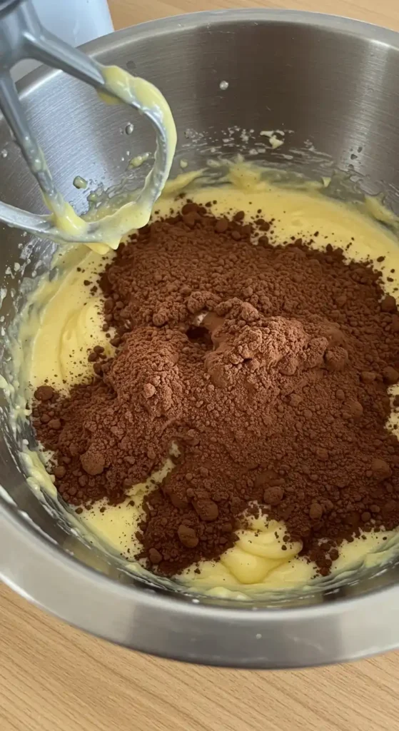 De la poudre de cacao est ajoutée à la pâte dans un bol de mixeur, une étape essentielle pour un parfait ​gateau chocolat au lait​.