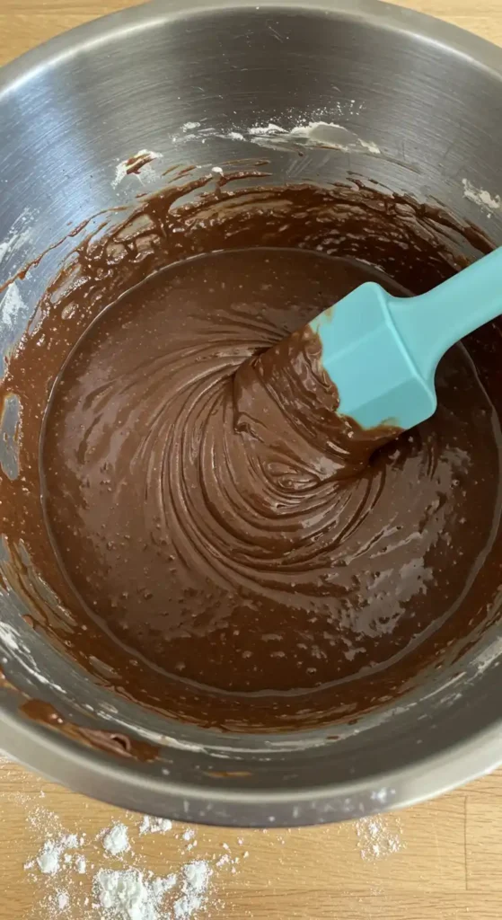 Pâte à ​gateau chocolat au lait​ mélangée à l'aide d'une spatule bleue dans un bol métallique.