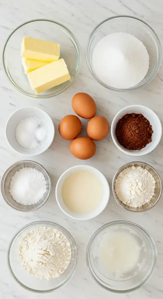 Voici une vue de dessus des ingrédients nécessaires pour faire un ​gateau chocolat au lait​, notamment du beurre, du sucre, des œufs, du cacao, de la farine, du lait, du sel et de l'eau.