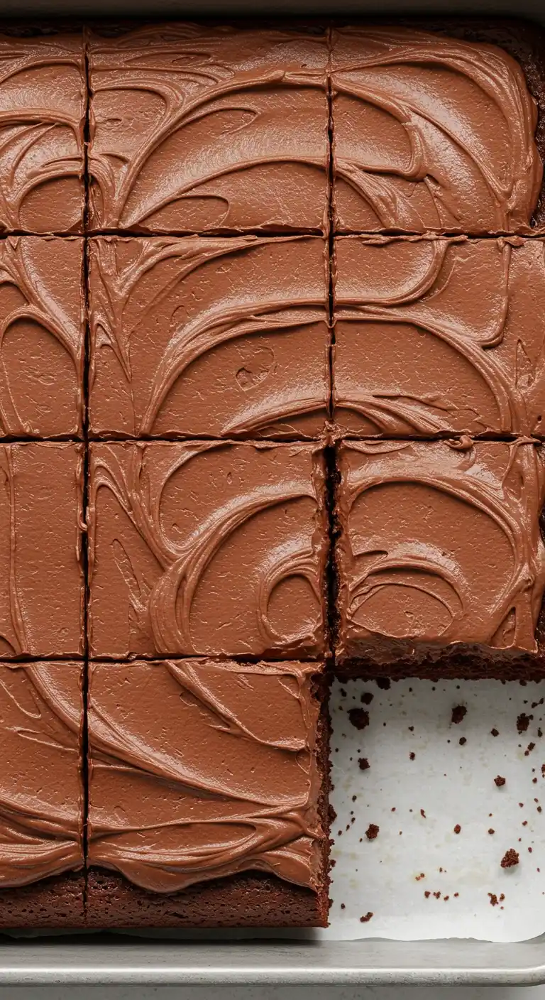 Voici un gâteau au chocolat au lait crémeux, coupé en parts individuelles et disposé sur une plaque à pâtisserie. Un morceau a été retiré, révélant le papier sulfurisé en dessous.