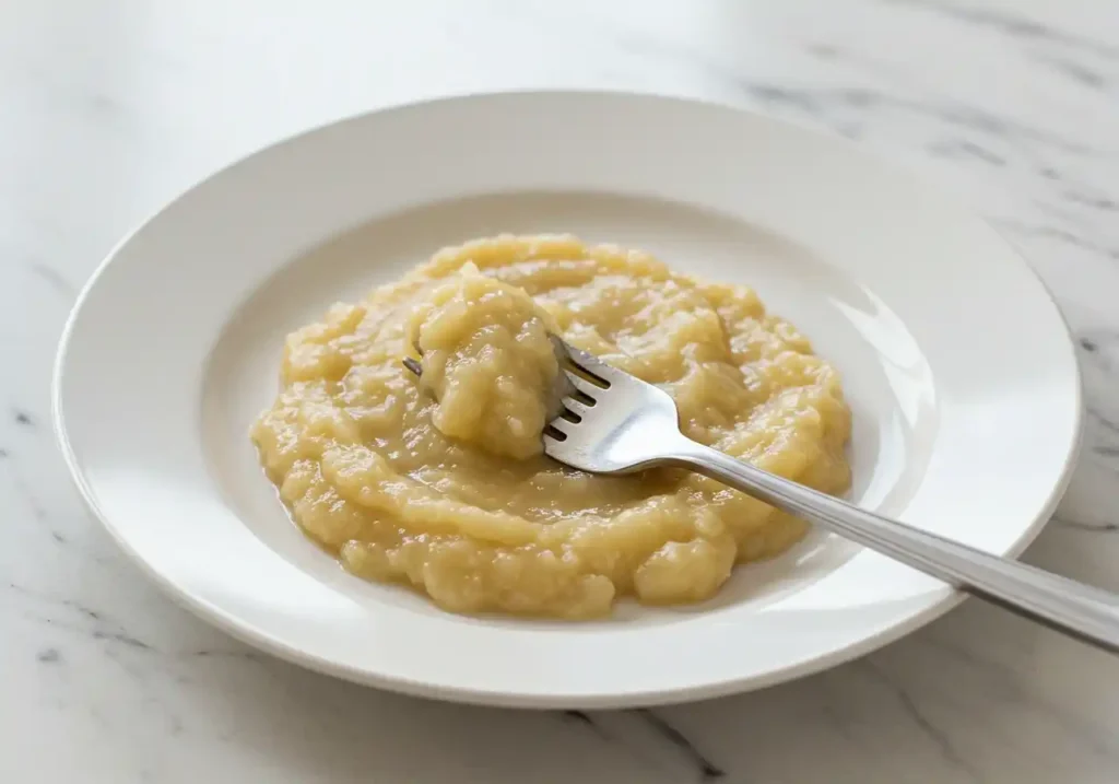 Un gros plan appétissant d'un plat blanc contenant une portion de compote de pommes crémeuse, d'une couleur jaune pâle. Une fourchette en métal repose sur la compote, tenant une bouchée. Cette image évoque la simplicité et le confort d'un gateau gouter fait maison, parfait pour une collation douce et réconfortante.