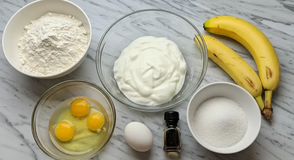 Une vue plongeante présente les ingrédients nécessaires à la préparation d'un délicieux gateau gouter aux bananes. On aperçoit des bananes mûres, des œufs frais dans un bol, un bol de yaourt onctueux, du sucre cristallisé, de la farine blanche et un flacon d'extrait de vanille. La disposition soignée de ces éléments suggère une recette simple et savoureuse, idéale pour une pause gourmande.
