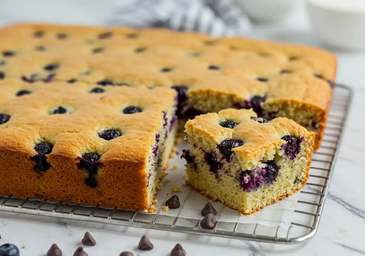 Un appétissant gateau gouter aux myrtilles, doré et moelleux, est présenté sur une grille. Une portion a été coupée, révélant une mie aérée parsemée de myrtilles juteuses. Quelques pépites de chocolat sont dispersées autour, ajoutant une touche gourmande à ce dessert simple et parfait pour une collation réconfortante.