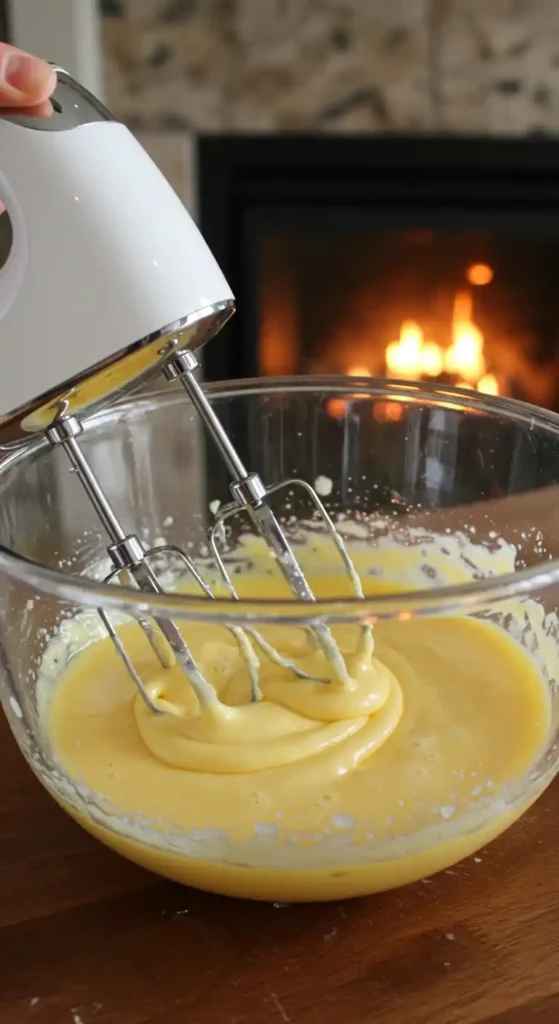 Un batteur électrique mélange une pâte jaune lisse dans un bol en verre, créant la base parfaite pour un gateau invisible aux pommes​ crémeux, avec une cheminée allumée en arrière-plan.