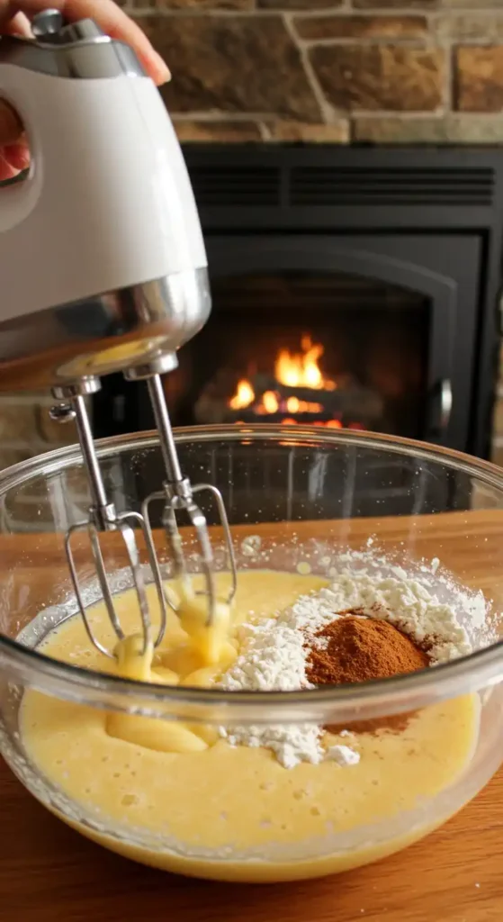 Un batteur électrique mélange farine et épices dans une pâte jaune, étapes essentielles pour préparer un gateau invisible aux pommes​ parfumé, avec le crépitement d'un feu de cheminée en toile de fond.