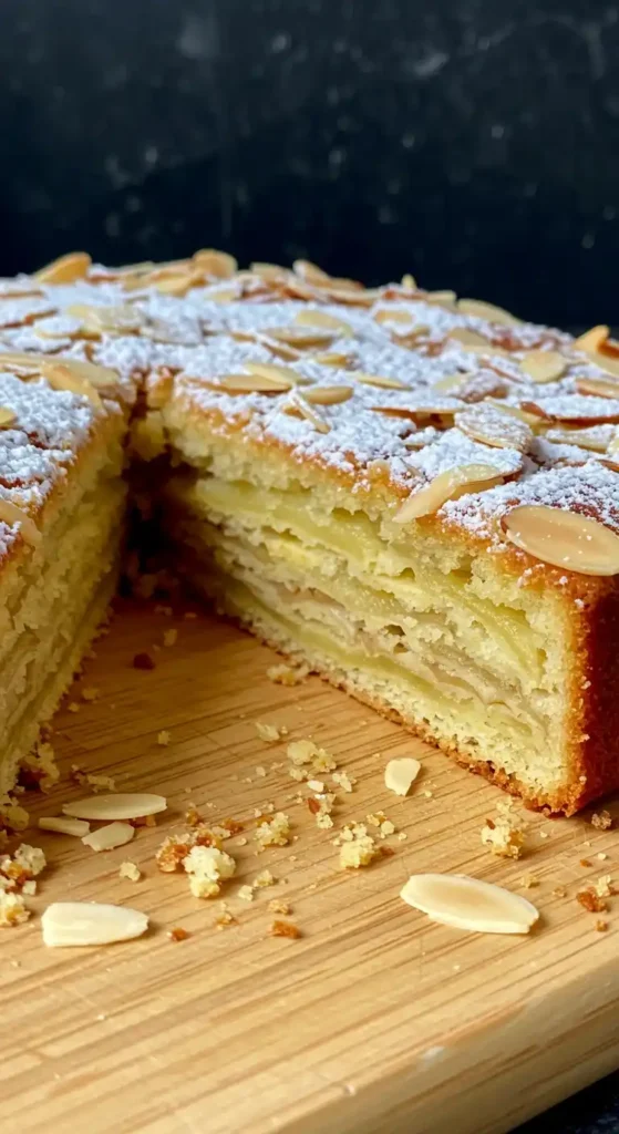 Une tranche a été coupée d'un gateau invisible aux pommes​ décoré d'amandes effilées et saupoudré de sucre glace, révélant les fines couches de pommes à l'intérieur, présenté sur une planche à découper en bois.