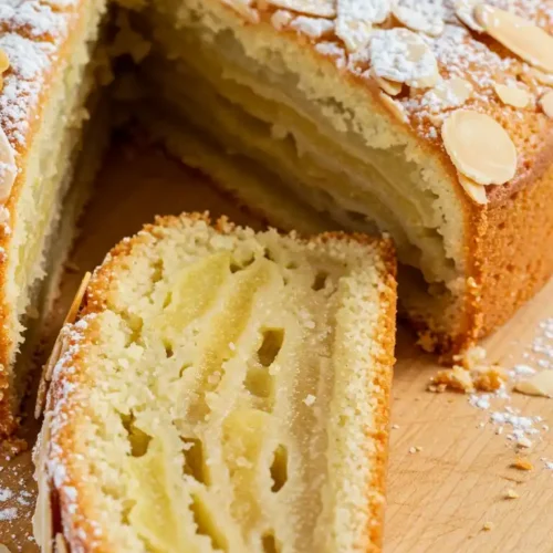 Une tranche de gateau invisible aux pommes​, décorée d'amandes effilées et saupoudrée de sucre glace, est délicatement séparée du reste du gâteau, exposant les couches de pommes moelleuses sur une planche de bois.