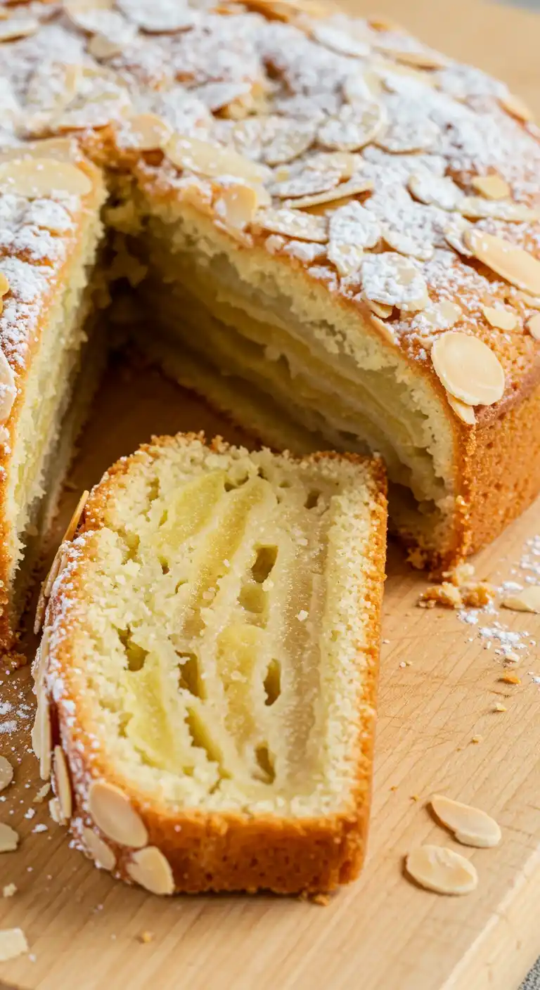 Une tranche de gateau invisible aux pommes​, décorée d'amandes effilées et saupoudrée de sucre glace, est délicatement séparée du reste du gâteau, exposant les couches de pommes moelleuses sur une planche de bois.
