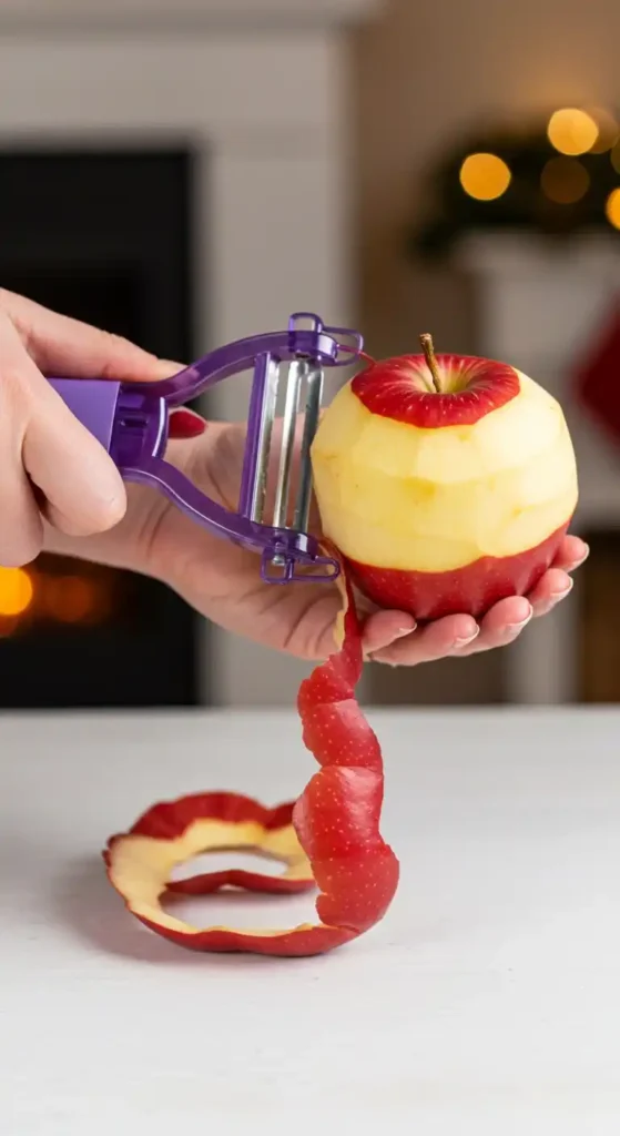 Une personne utilise un éplucheur violet pour peler une pomme rouge et jaune, la pelure tourbillonnante rappelant un ingrédient clé pour un délicieux gateau invisible aux pommes​.