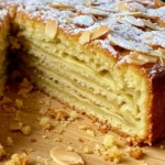 Un gateau invisible aux pommes​ appétissant, décoré d'amandes et de sucre glace, révèle ses fines couches de pommes fondantes là où une part a été coupée, le tout posé sur une planche en bois rustique parsemée de miettes.