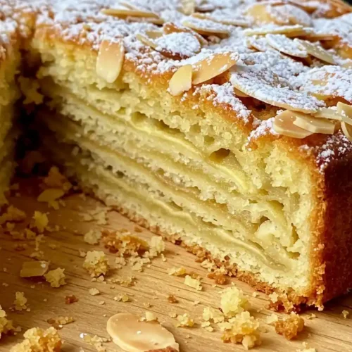 Un gateau invisible aux pommes​ appétissant, décoré d'amandes et de sucre glace, révèle ses fines couches de pommes fondantes là où une part a été coupée, le tout posé sur une planche en bois rustique parsemée de miettes.