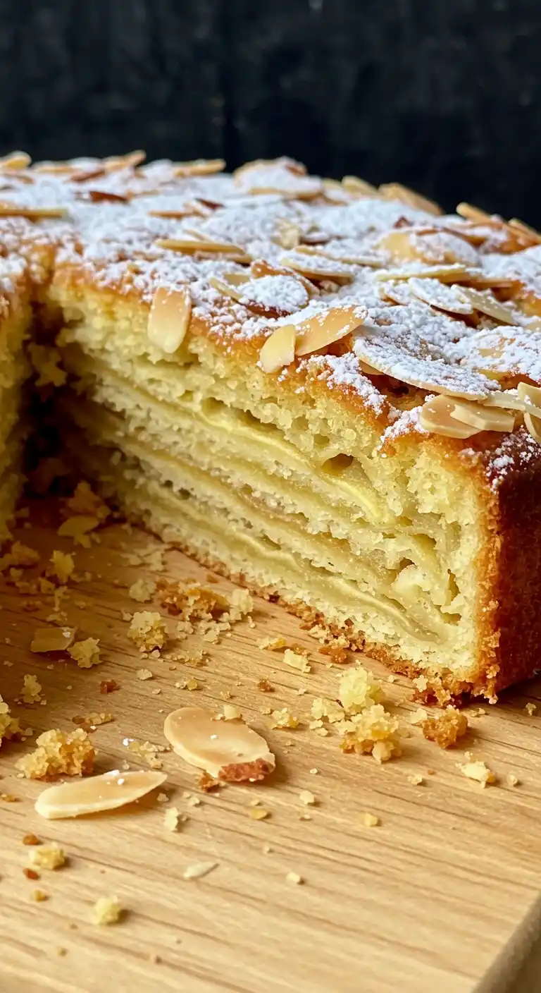 Un gateau invisible aux pommes​ appétissant, décoré d'amandes et de sucre glace, révèle ses fines couches de pommes fondantes là où une part a été coupée, le tout posé sur une planche en bois rustique parsemée de miettes.