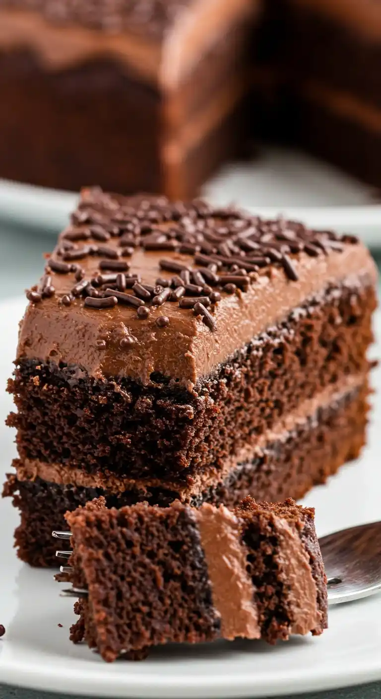 Gros plan d'une part de gâteau merveilleux au chocolat, avec glaçage crémeux, vermicelles au chocolat, et une part embrochée sur une fourchette.