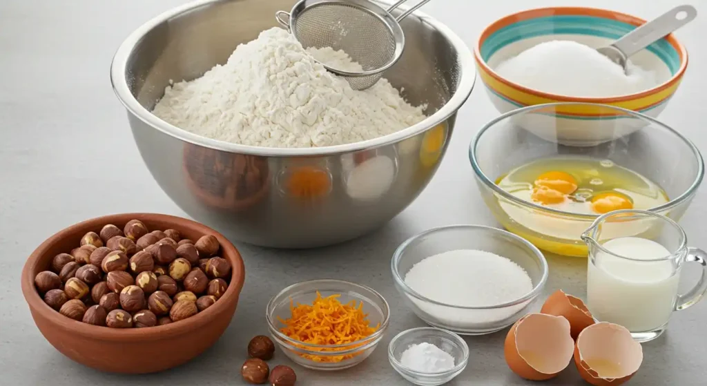 Un assortiment d'ingrédients pour préparer un gâteau noisette. On peut voir de la farine dans un grand bol en métal, des noisettes dans un bol en terre cuite, des œufs, du sucre, du lait, du zeste d'orange et de la levure, tous préparés pour la recette.