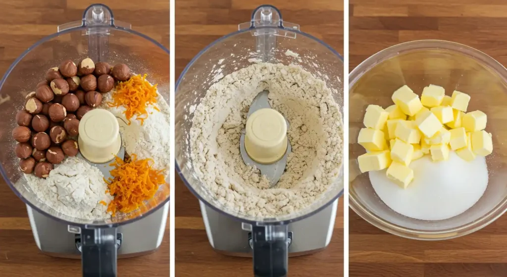 À gauche, un robot culinaire contenant des noisettes entières, de la farine et du zeste d'orange. Au centre, le même robot culinaire avec les ingrédients mélangés en poudre. À droite, un bol en verre contenant du sucre et des morceaux de beurre prêts à être incorporés.