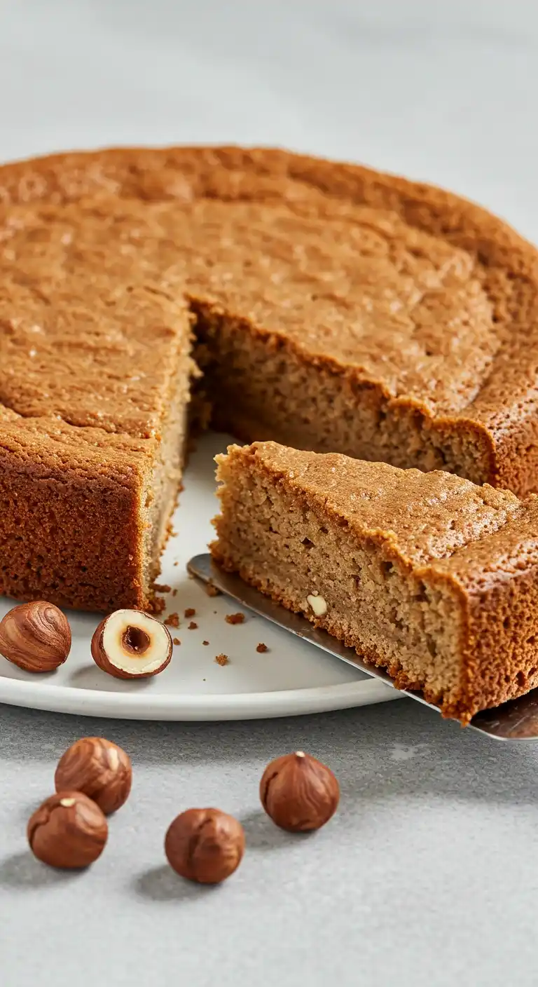 Un appétissant gâteau noisette rond, tranché, présenté sur une assiette blanche avec quelques noisettes entières. Une part est soulevée avec une spatule, révélant une texture moelleuse et une couleur dorée irrésistible.