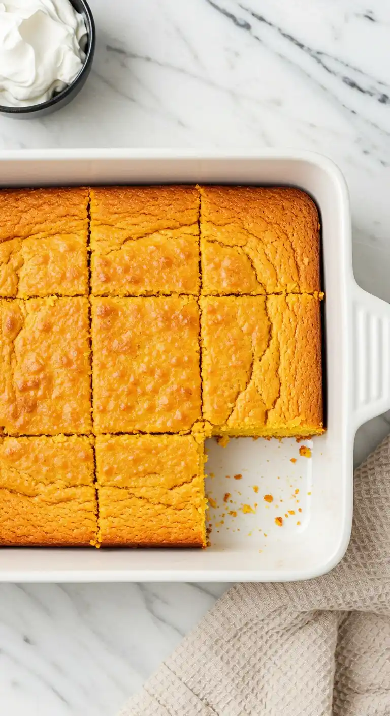 Vue de dessus d'un gâteau yaourt grec coupé en parts, disposé dans un plat de cuisson carré blanc sur un plan de travail en marbre. Une part a été prélevée, laissant apparaître la mie du gâteau. Un bol de crème fouettée est visible en haut à gauche de l'image. Un torchon en lin beige est placé sur le bord droit.