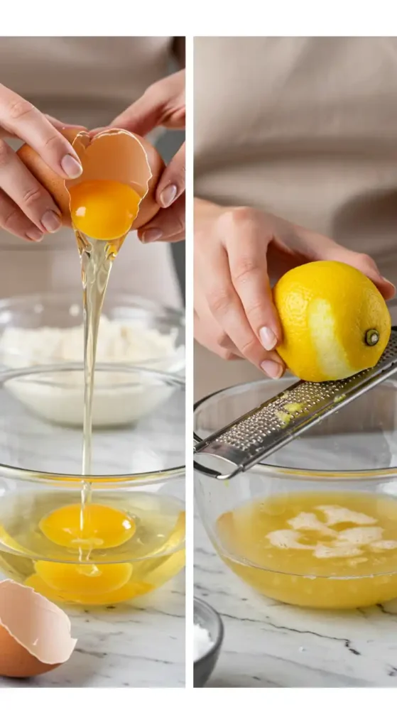 Collage montrant les étapes de la préparation d'un gateau au citron recette : ajout d'œufs dans un bol et zestage d'un citron au-dessus d'un autre bol.