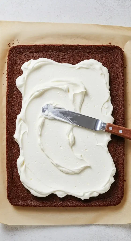 Sur une feuille de papier sulfurisé, un rectangle de génoise au chocolat est nappé de crème blanche à l'aide d'une spatule, étape cruciale pour la préparation d'un délicieux gateau roule.