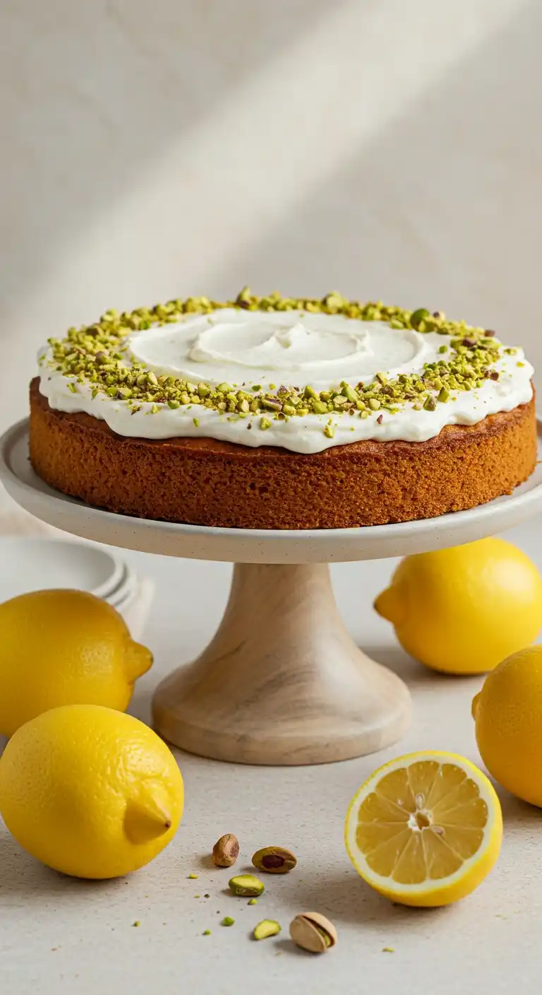 Voici une photo appétissante d'un gateau au semoule, probablement une recette gateau au semoule au citron, décoré avec un glaçage blanc crémeux et des pistaches hachées, présenté sur un élégant présentoir à gâteau entouré de citrons frais.