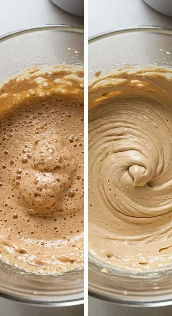 Image divisée en deux : à gauche, un mélange chocolaté avec des bulles dans un bol, avant d'être bien fouetté. À droite, le même mélange après avoir été fouetté, formant une crème onctueuse, idéale pour garnir un gateau roule au chocolat.