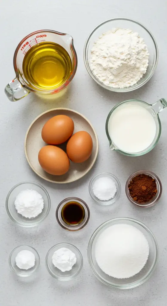 Voici une photo d'ingrédients disposés sur un fond gris, nécessaires à la préparation d'un gâteau roulé : de l'huile dans un verre doseur, de la farine, trois œufs dans une assiette, du lait dans un verre doseur, du sucre, de la poudre de cacao, de l'extrait de vanille, du sel, du bicarbonate de soude et de la levure chimique.