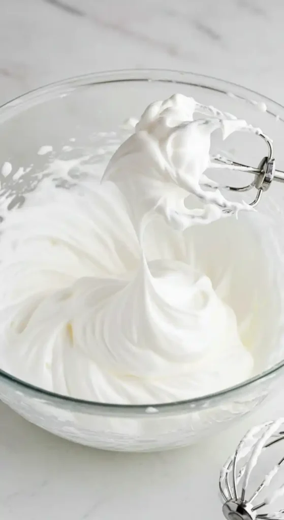 Voici une photo en gros plan d'un bol en verre contenant de la crème fouettée blanche, préparée à l'aide d'un batteur électrique. Cette garniture onctueuse sera parfaite pour un gateau roule.
