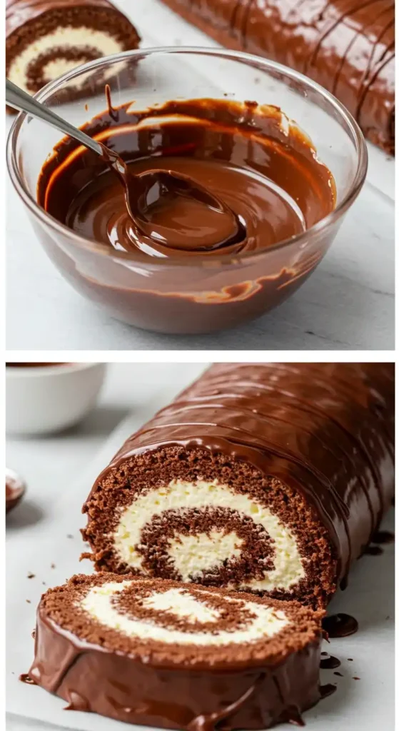 L'image présente un montage en deux parties : en haut, un bol en verre rempli de chocolat fondu, prêt à être utilisé. En bas, une tranche de gateau roule au chocolat, fourré de crème blanche et nappé d'un glaçage chocolaté brillant, offrant une vue alléchante de ce dessert.