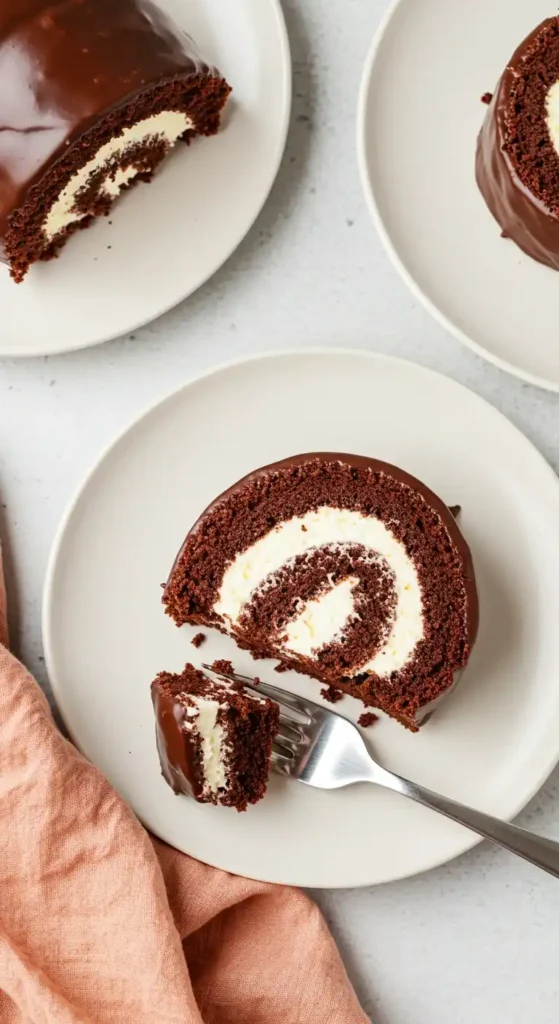 Vue aérienne de trois assiettes contenant des parts de gateau roule au chocolat, nappé d'un glaçage brillant et fourré de crème blanche, avec une fourchette sur l'assiette centrale, invitant à déguster ce dessert gourmand.