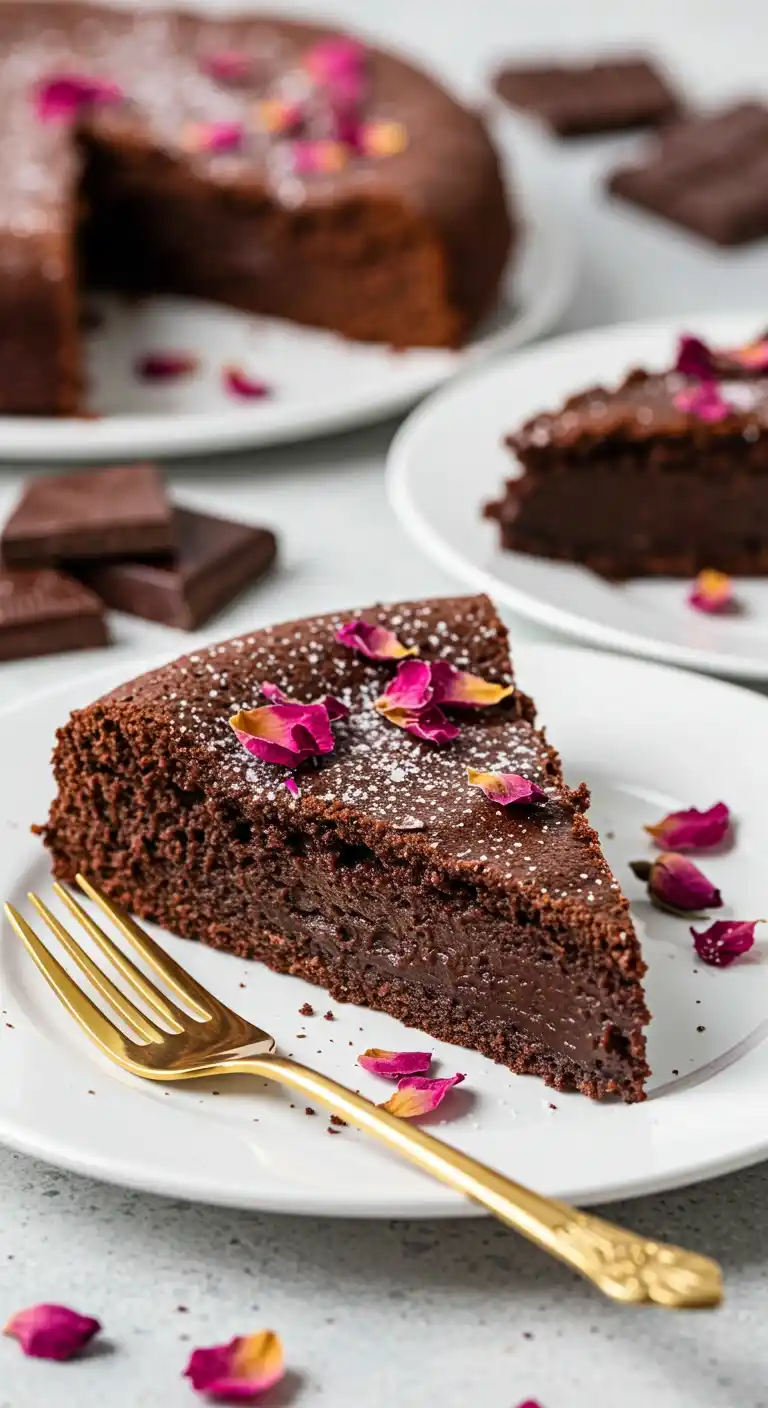 Une part appétissante de fondant au chocolat Nestlé sur une assiette blanche, décorée de sucre glace et de délicats pétales de rose. Une fourchette dorée est placée à côté. En arrière-plan, un fondant au chocolat Nestlé entier et une autre part sont également présentés.
