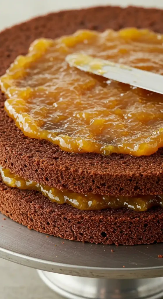 Préparation d'une Sachertorte : confiture d'abricots étalée sur une couche de gâteau au chocolat moelleux avec une spatule. Le remplissage typique, essentiel à cette spécialité viennoise.