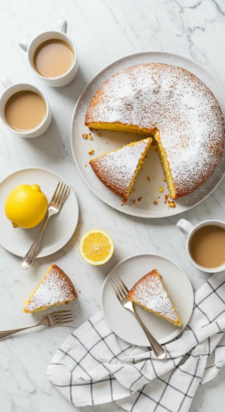 Gâteau au citron recette facile : Vue de dessus d'un délicieux gâteau saupoudré de sucre glace, servi avec du café et des citrons frais.