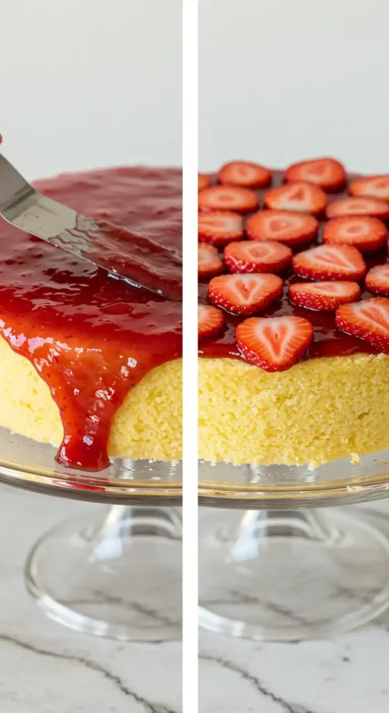 Sponge Cake sur un présentoir, illustrant deux étapes : nappage à la confiture et garniture de fraises fraîches.