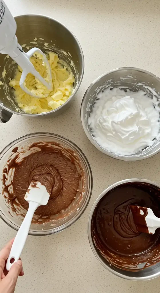 Vue de dessus de quatre bols contenant les différents éléments de la pâte à Sachertorte en préparation : beurre crémeux battu au mixeur, blancs d'œufs montés en neige, mélange de chocolat et de beurre, et pâte au chocolat mélangée. Les ingrédients essentiels pour une Sachertorte parfaite.