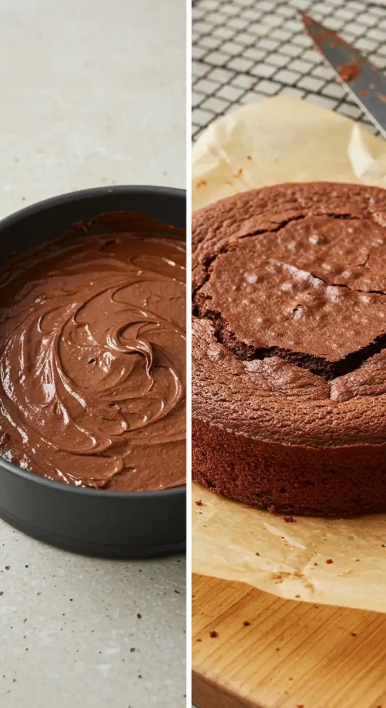 Photo en deux parties montrant les étapes de la préparation d'une Sachertorte : à gauche, la pâte au chocolat lisse et brillante dans un moule à gâteau ; à droite, le gâteau cuit et refroidi, prêt à être coupé et garni de confiture d'abricots. Les étapes clés pour réussir cette spécialité viennoise.