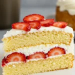 Morceau de gâteau éponge aux fraises et à la crème sur une assiette blanche, avec une fourchette.