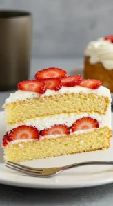 Morceau de gâteau éponge aux fraises et à la crème sur une assiette blanche, avec une fourchette.