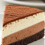 Une délicieuse part de gateau 3 chocolat, parfaite pour les amateurs de desserts riches et savoureux. Elle présente une base de brownie moelleuse, surmontée de couches crémeuses de mousses au chocolat noir, au lait et blanc, le tout saupoudré de cacao.