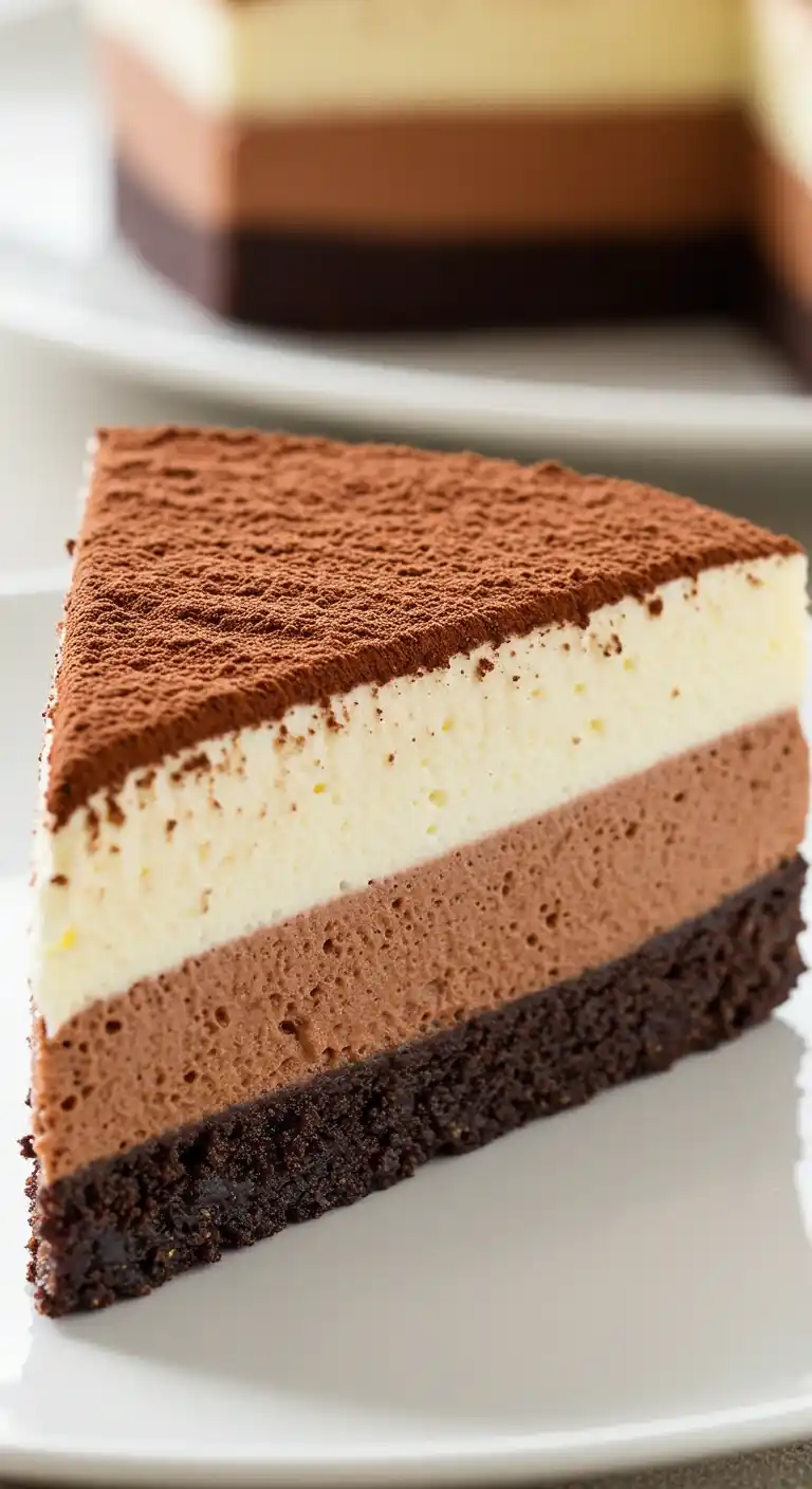 Une délicieuse part de gateau 3 chocolat, parfaite pour les amateurs de desserts riches et savoureux. Elle présente une base de brownie moelleuse, surmontée de couches crémeuses de mousses au chocolat noir, au lait et blanc, le tout saupoudré de cacao.