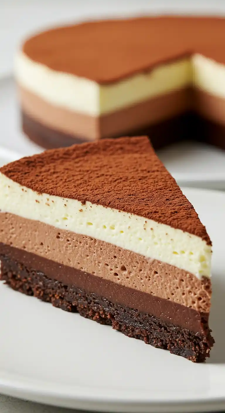 Gros plan d'une part de gâteau 3 chocolats, avec une base de brownie, des couches de mousse au chocolat au lait, chocolat noir et chocolat blanc, recouverte de cacao en poudre. Un délice pour les amateurs de chocolat!