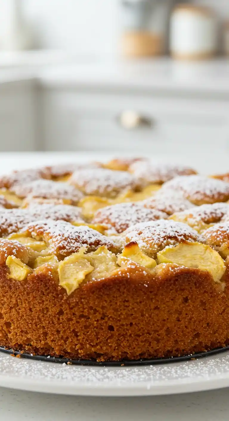 Un délicieux gâteau léger aux pommes, parsemé de sucre glace, présenté sur une assiette blanche. Sa texture moelleuse et ses morceaux de pommes juteuses en font un dessert parfait pour toutes les occasions.