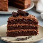 Gros plan sur une part appétissante de gâteau au chocolat étagé, avec plusieurs couches de gâteau moelleux et de glaçage au chocolat, décorée de copeaux de chocolat. La part est présentée sur une assiette beige avec une fourchette, évoquant une recette de gateau healthy au chocolat.