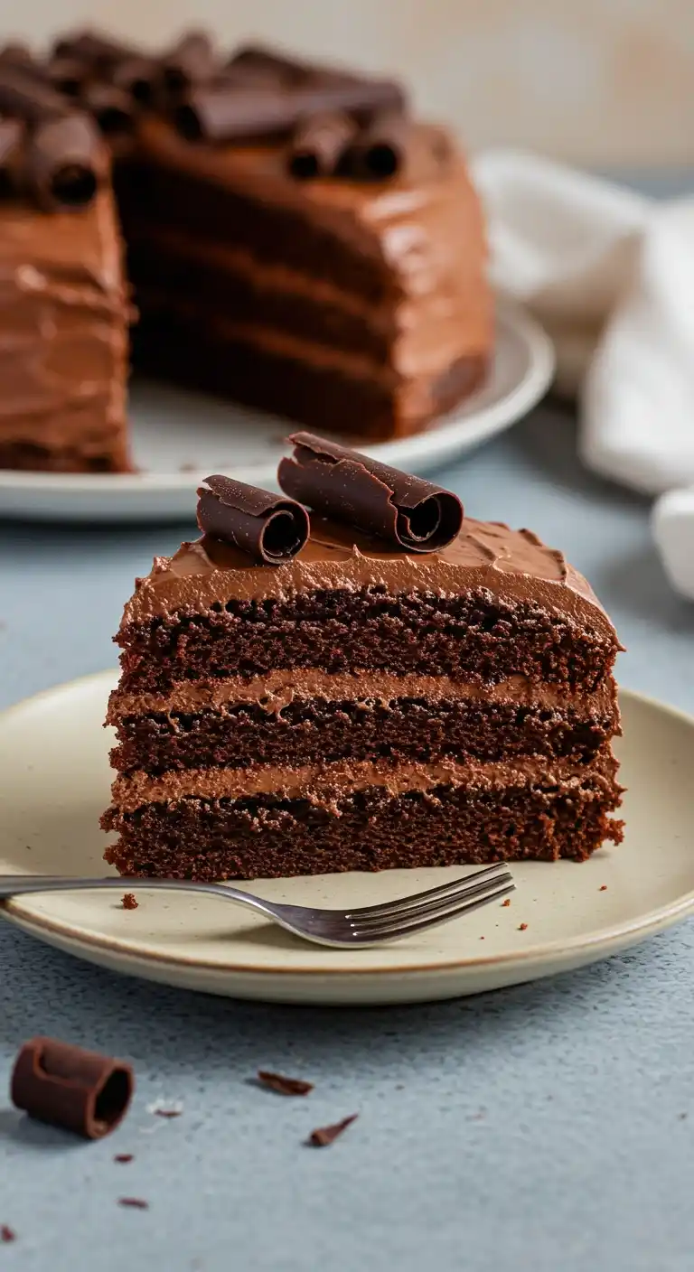 Gros plan sur une part appétissante de gâteau au chocolat étagé, avec plusieurs couches de gâteau moelleux et de glaçage au chocolat, décorée de copeaux de chocolat. La part est présentée sur une assiette beige avec une fourchette, évoquant une recette de gateau healthy au chocolat.